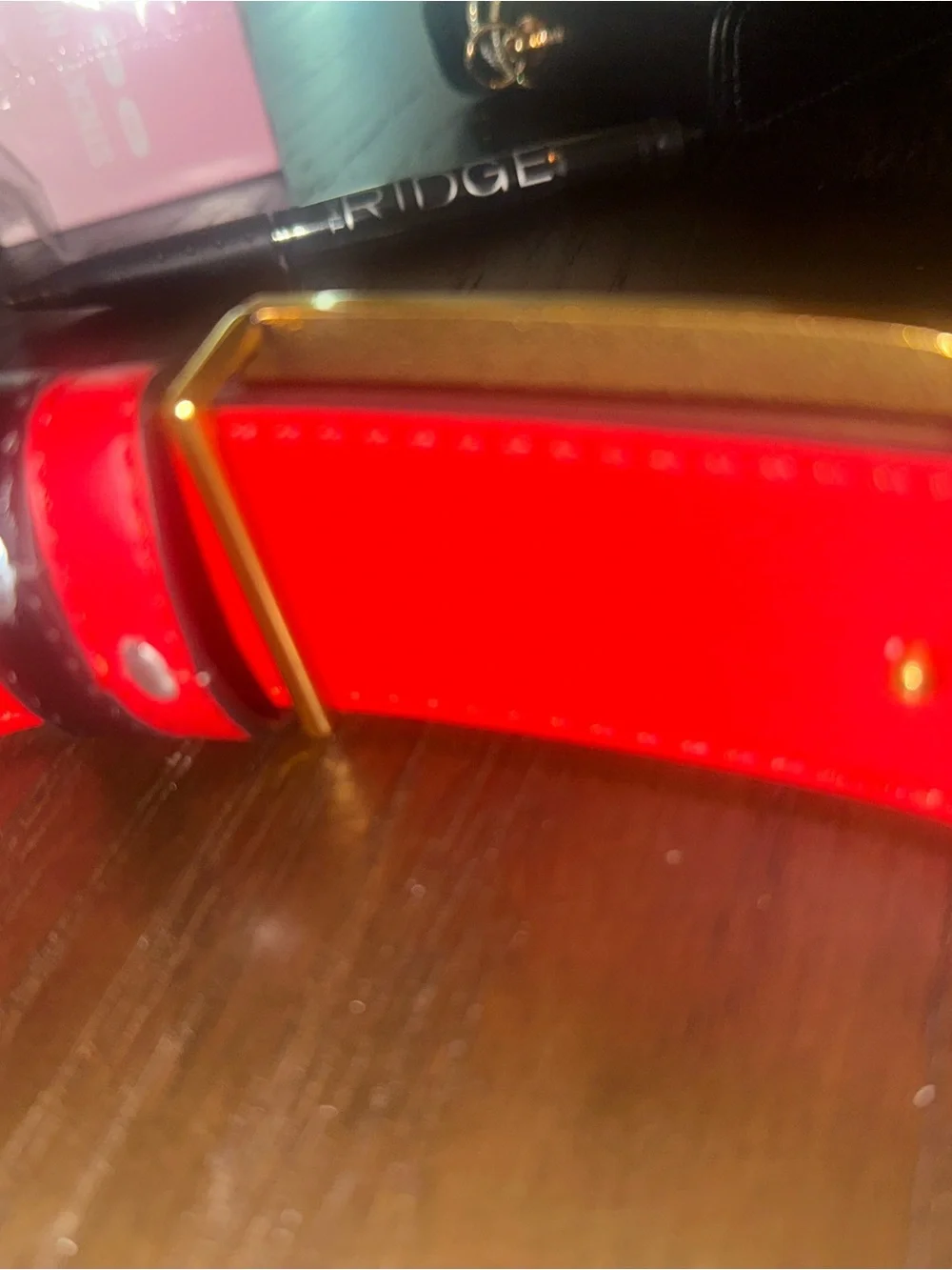 LUX Black Leather Belt with Red Interior and Gold Logo Buckle - Picture 3 of 7